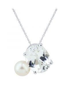 Cultured Freshwater Pearl (5mm) & Cubic Zirconia Pendant Necklace in Sterling Silver, 16" + 2" extender