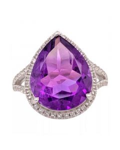 Amethyst (6 ct. t.w.) & White Topaz (1/2 ct. t.w.) Teardrop Halo Ring in Sterling Silver (Also in Smoky Quartz & Green Quartz)