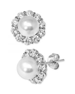 Cultured Freshwater Pearl (8mm) & Cubic Zirconia Halo Stud Earrings in Sterling Silver