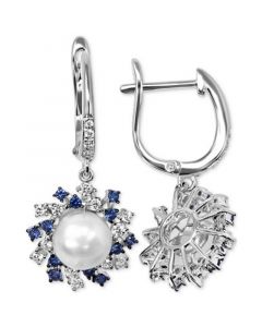 Cultured Freshwater Pearl (6mm) & Cubic Zirconia Scattered Halo Drop Earrings in Sterling Silver