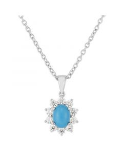 Turquoise & Cubic Zirconia Halo 18" Pendant Neckalce in Sterling Silver