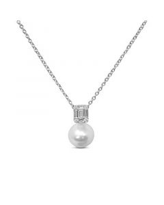 Cultured Freshwater Pearl (9mm) & Cubic Zirconia Baguette Cluster 18" Pendant Necklace in Sterling Silver