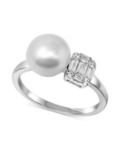 Cultured Freshwater Pearl (9 mm) & Cubic Zirconia Baguette Cluster Ring in Sterling Silver