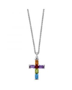 EFFY® Multi-Gemstone Cross 18" Pendant Necklace (5-1/10 ct. t.w.) in Sterling Silver