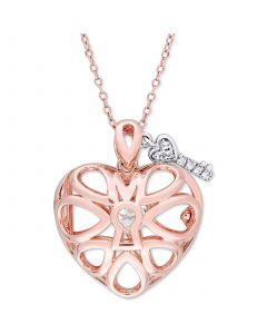 White Topaz Heart Lock & Key 18" Pendant Necklace in Sterling Silver & 18k Rose Gold-Plate