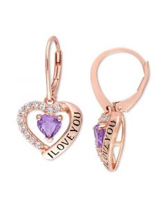 Amethyst (4/5 ct. t.w.) & White Topaz (5/8 ct. t.w.) Heart "I Love You" Leverback Drop Earrings in 18k Rose Gold-Plated Sterling Silver