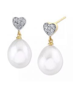 Cultured Freshwater Pearl (9mm) & Diamond (1/10 ct. t.w.) Heart Cluster Drop Earrings in 14k Gold