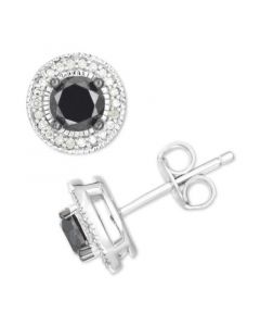 Black Diamond (7/8 ct. t.w.) & White Diamond (1/10 ct. t.w.) Halo Stud Earrings in Sterling Silver