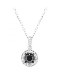 Black Diamond (7/8 ct. t.w.) & White Diamond (1/10 ct. t.w.) Halo 18" Pendant Necklace in Sterling Silver