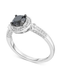 Black Diamond (7/8 ct. t.w.) & White Diamond (1/6 ct. t.w.) Halo 18" Ring in Sterling Silver