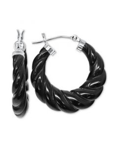 Black Agate Twist Small Hoop Earrings in Sterling Silver