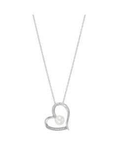 Cultured Freshwater Pearl (7mm) & Lab-Created White Sapphire (1/5 ct. t.w.) Heart Pendant Necklace in Sterling Silver, 16" + 2" extender