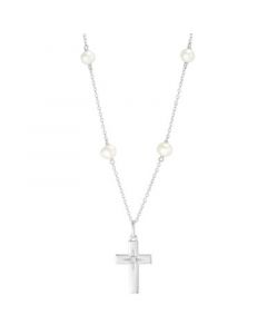 Cultured Freshwater Pearl (5 - 5-1/2mm) & Diamond Accent Cross 18" Pendant Necklace in Sterling Silver