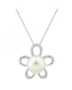 Cultured Freshwater Pearl (10mm) & White Topaz (3/8 ct. t.w.) Flower Pendant Necklace in Sterling Silver, 16" + 2" extender