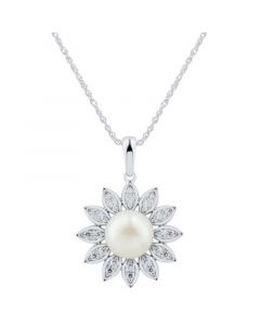 Cultured Freshwater Pearl (8mm) & White Topaz (1/2 ct. t.w.) Flower Pendant Necklace in Sterling Silver, 16" + 2" extender