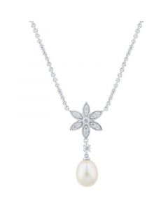 Cultured Freshwater Pearl (8 - 8-1/2mm) & White Topaz (3/8 ct. t.w.) Flower 18" Pendant Necklace in Sterling Silver