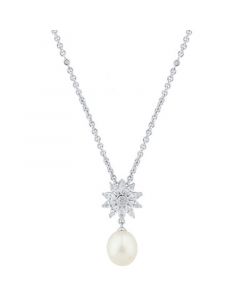 Cultured Freshwater Pearl (10 x 8mm) & Cubic Zirconia Starburst 18" Pendant Necklace in Sterling Silver