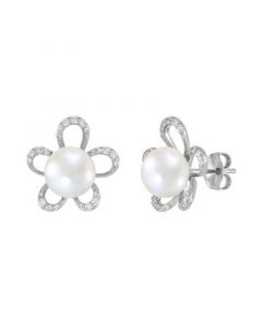 Cultured Freshwater Pearl (8mm) & White Topaz (3/8ct.tw.) Openwork Flower Stud Earrings in Sterling Silver