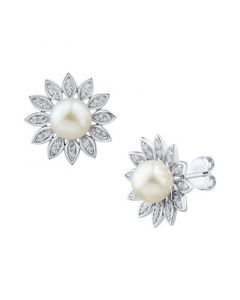 Cultured Freshwater Pearl (7mm) & White Topaz (3/8 ct. t.w.) Flower Stud Earrings in Sterling Silver