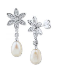 Cultured Freshwater Pearl (7mm) & White Topaz (5/8 ct. t.w.) Flower Drop Earrings in Sterling Silver