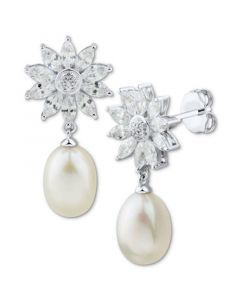 Cultured Freshwater Pearl (9 x 7mm) & Cubic Zirconia Flower Drop Earrings in Sterling Silver