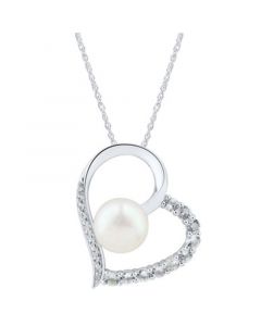 Cultured Freshwater Pearl (7mm) & White Topaz (1/2 ct. t.w.) Heart Pendant Necklace in Sterling Silver, 16" + 2" extender