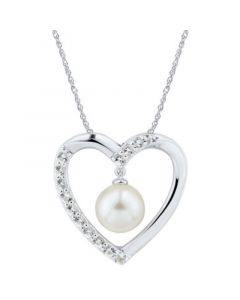 Cultured Freshwater Pearl (7mm) & White Topaz (3/8 ct. t.w.) Heart Pendant Necklace in Sterling Silver, 16" + 2" extender