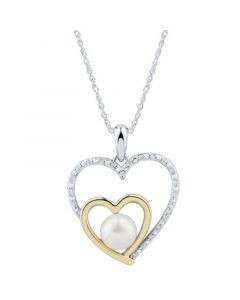 Cultured Freshwater Pearl (6mm) & Diamond Accent Heart Pendant Necklace in Sterling Silver & 14k Gold