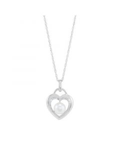 Cultured Freshwater Pearl (7mm) & Diamond (1/10 ct. t.w.) Heart Pendant Necklace Sterling Silver, 16" + 2" extender