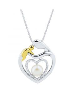 Cultured Freshwater Pearl (6mm) & Diamond Accent Mother & Child Heart Pendant Necklace (16" + 2" extender) in Sterling Silver & 14k Gold-Plated