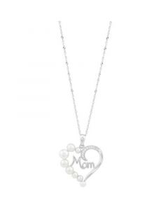 Cultured Freshwater Pearl (5 - 5-1/2mm) & Cubic Zirconia Mom Heart 18" Pendant Necklace in Sterling Silver