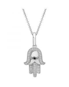 White & Black Diamond Hamsa Hand Pendant Necklace (1/10 ct. t.w.) in Sterling Silver, 18" + 2" extender