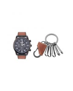 Men's Quartz Movement Cognac Leather Strap Analog Watch, 48mm and Keychain with Zippered Travel Pouch