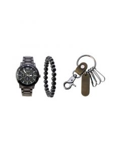 Men's Quartz Movement Gunmetal Bracelet Analog Watch, 46mm and Keychain with Bracelet and Zippered Travel Pouch