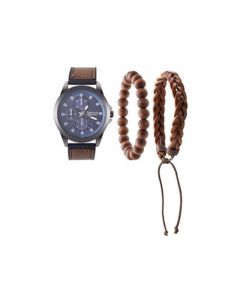 Men's Quartz Movement Brown Leather Analog Watch, 47mm and Stackable Bracelet Set with Zippered Pouch