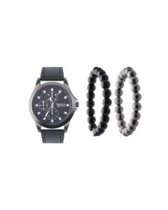 Men's Quartz Movement Black Leather Analog Watch, 47mm and Stackable Bracelet Set with Zippered Pouch