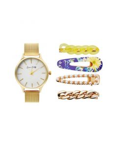 Jessica Carlye Women's Quartz Movement Gold-Tone Mesh Bracelet Analog Watch, 36mm with Hair Pin Set