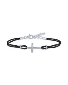 Diamond Accent East West Cross Black Cord Bracelet in Sterling Silver