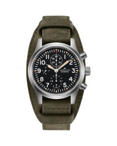 Men's Khaki Field Automatic Chronograph Green Leather Strap Watch 44mm