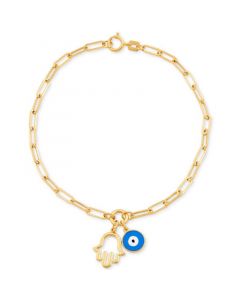 Hamsa Hand & Glass Evil Eye Charm Bracelet in 10k Gold