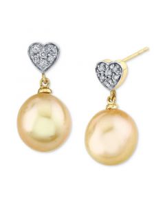 Cultured Golden South Sea Pearl (9mm) & Diamond Heart (1/10 ct. t.w.) Drop Earrings in 14k Gold