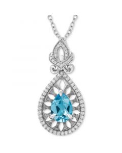 Swiss Blue Topaz (1-5/8 ct. t.w.) & Diamond (1/5 ct. t.w.) Jasmine Pendant Necklace in Sterling Silver, 16" + 2" extender