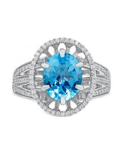 Swiss Blue Topaz (3-1/6 ct) & Diamond (1/4 ct. t.w.) Caves of Wonder Ring in Sterling Silver