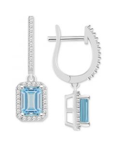 Aquamarine (1-3/4 ct. t.w.) & Diamond (1/3 ct. t.w.) Halo Leverback Drop Earrings in Sterling Silver