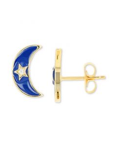 Cubic Zirconia & Enamel Crescent Moon Stud Earrings in 14k Gold-Plated Sterling Silver