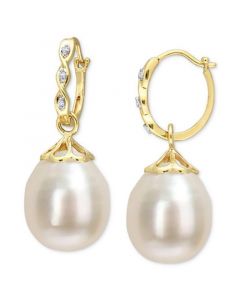 Cultured South Sea Pearl (9 - 9-1/2mm) & Diamond Accent Drop Earrings in 14k Gold