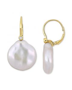 Cultured Freshwater Button Pearl (17-1/2 - 18mm) & Diamond (1/20 ct. t.w.) Leverback Drop Earrings in 14k Gold