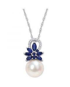 Cultured Freshwater Pearl (9-1/2mm), Sapphire (3/4 ct. t.w.), & Diamond (1/20 ct. t.w.) 17" Pendant Necklace in 14k White Gold