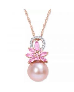 Pink Cultured Freshwater Pearl (9-1/2mm), Pink Sapphire (7/8 ct. t.w.) & Diamond (1/20 ct. t.w.) 17" Pendant Necklace in 14k Rose Gold (Also in White Cultured Freshwater Pearl & Aquamarine)