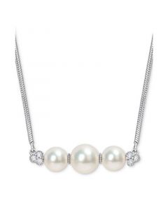 Cultured Freshwater Pearl (6 & 7-1/2mm) & White Topaz (1/5 ct. t.w.) Bar 18" Pendant Necklace in Sterling Silver